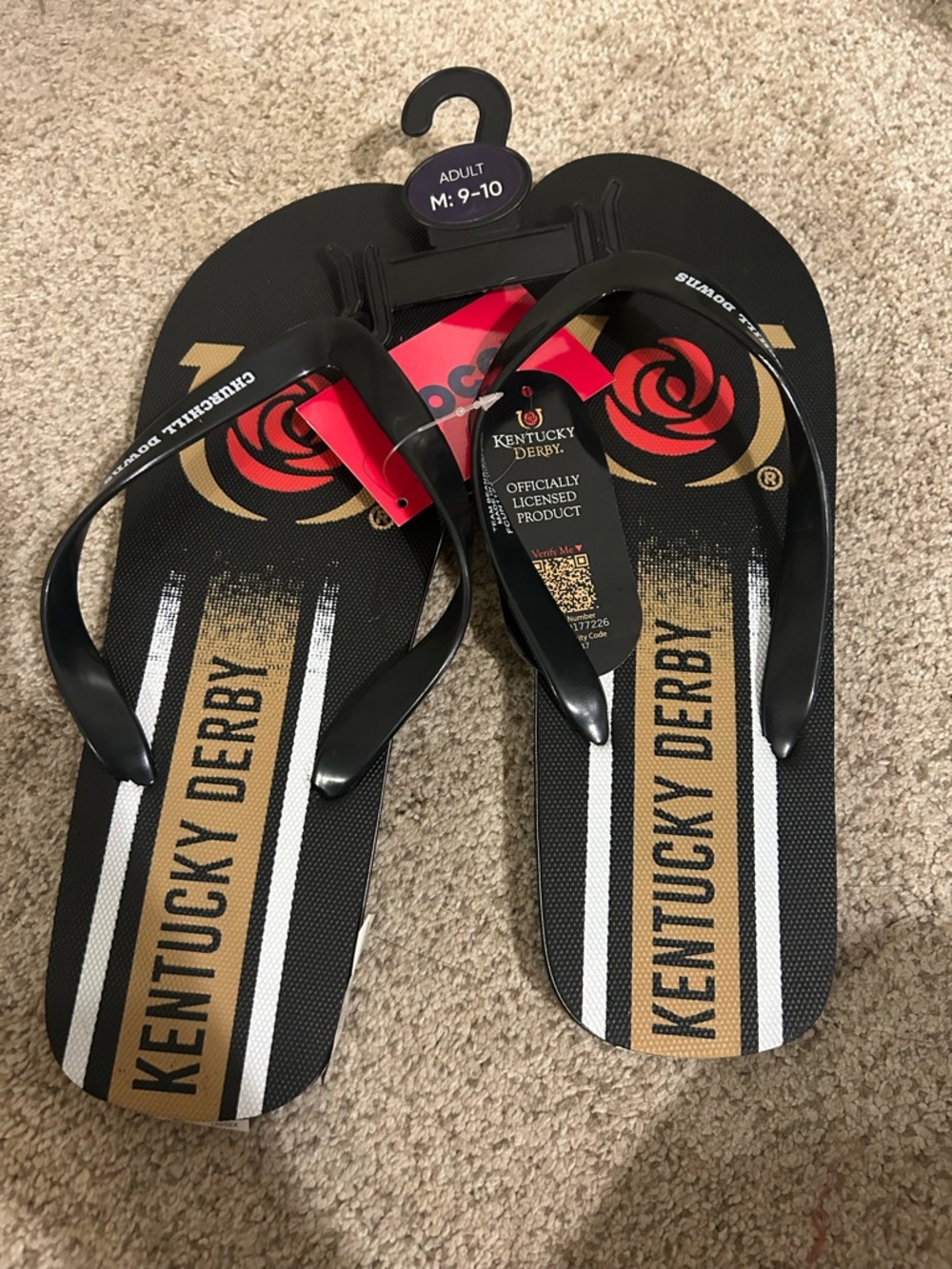 NWT Kentucky Derby Black Flip Flop Sandals with Gold & Red Accents Men’s Sz 9/10